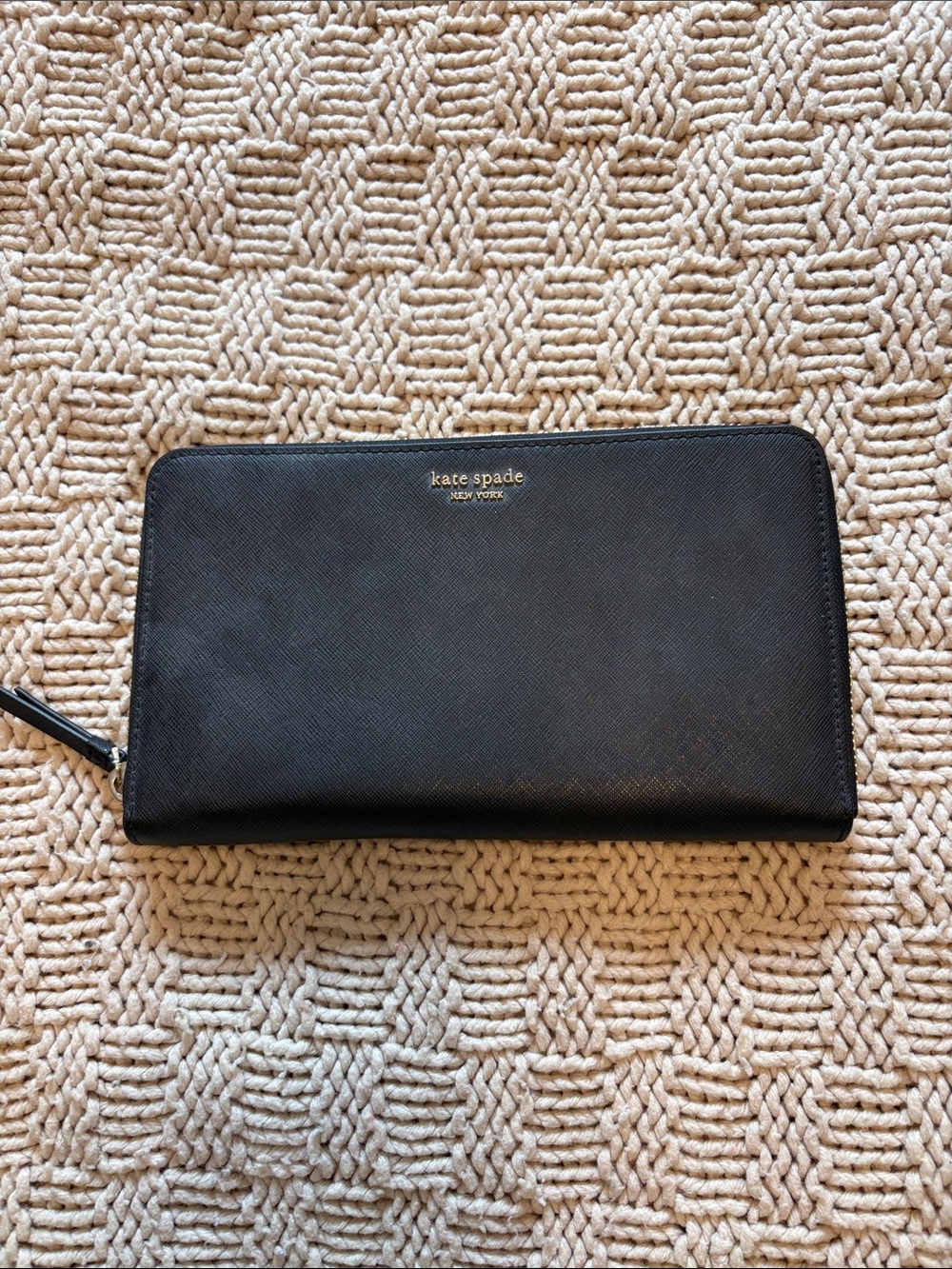 kate spade Black Saffiano Zip-Around Wallet with Gold Logo